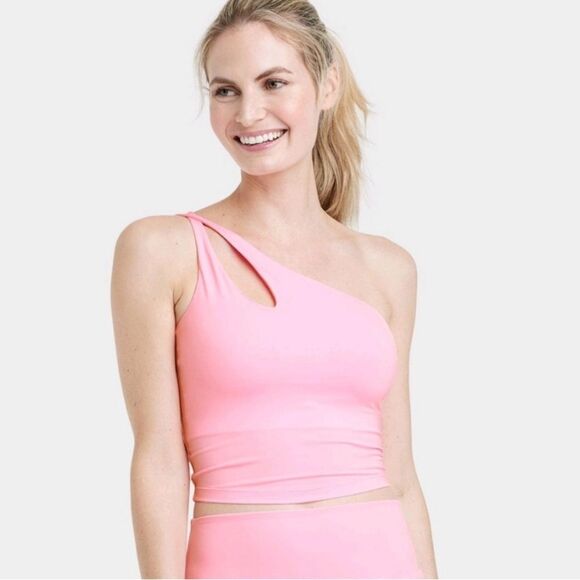 Women's Light Support Asymmetrical Cropped Sports Bra - All In Motion Pink - Picture 1 of 2